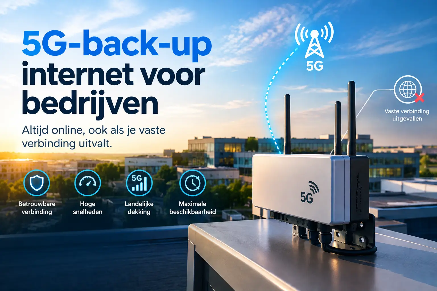 5G-router met antennes op het dak van een bedrijfspand, als back-up voor de vaste internetverbinding