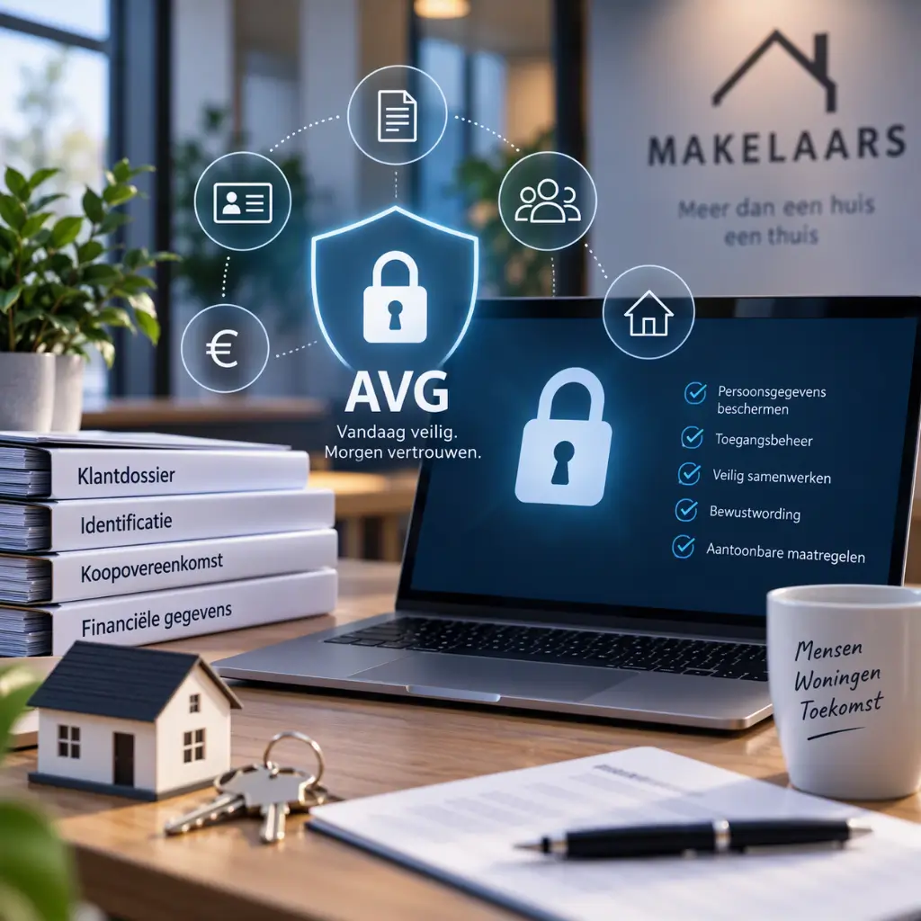 Laptop met AVG-beveiligingsmaatregelen naast klantdossiers, een huismodel en sleutels op het bureau van een makelaar