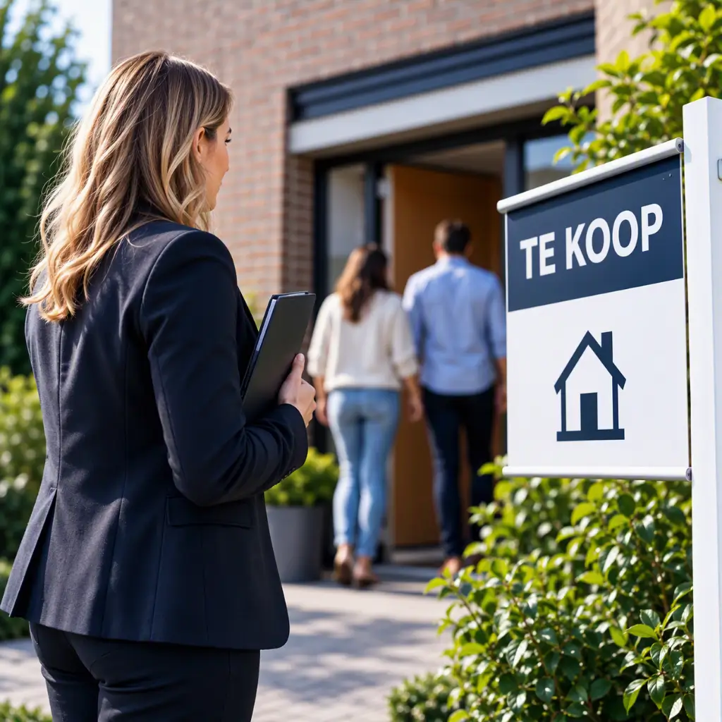 Makelaar met tablet bij een woning met een te-koopbord, terwijl kopers de woning binnengaan